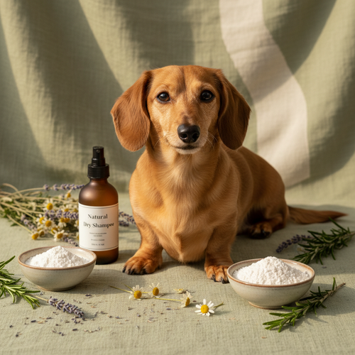 Fresh tan dachshund after dry shampoo treatment surrounded by kaolin clay, arrowroot powder and botanical ingredients on sage green linen