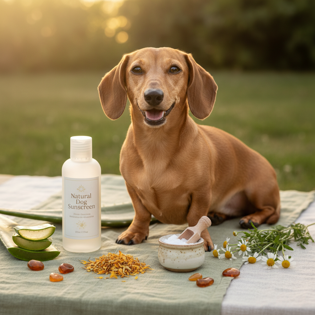 Tan dachshund in golden sunlight with sunscreen bottle, aloe vera and botanical sun-protective ingredients on sage green linen
