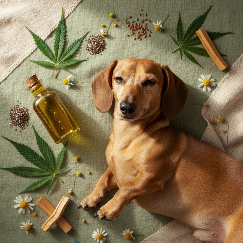 Tan dachshund with glossy coat next to hemp seed oil bottle, hemp leaves and omega-rich seeds on sage green linen