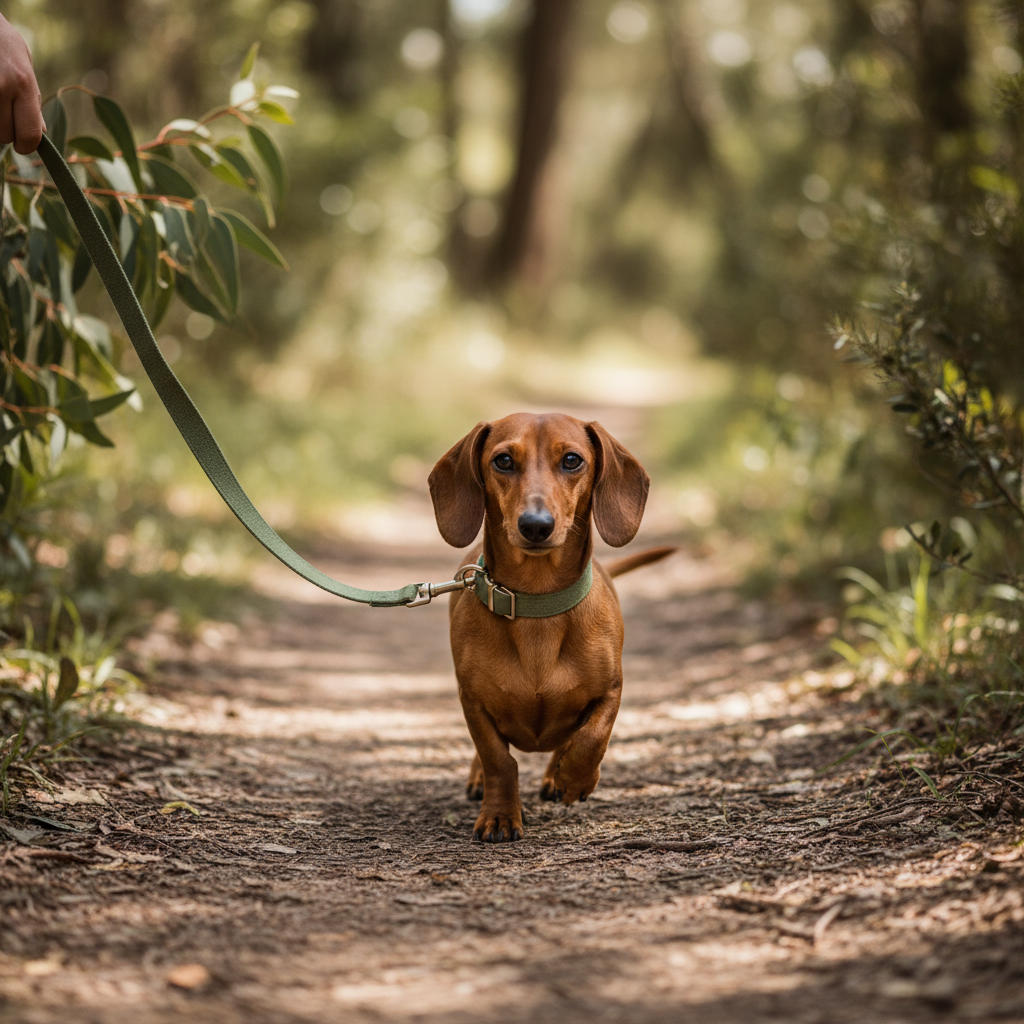 Dachshund wearing matching Grass Green organic hemp collar and lead bundle