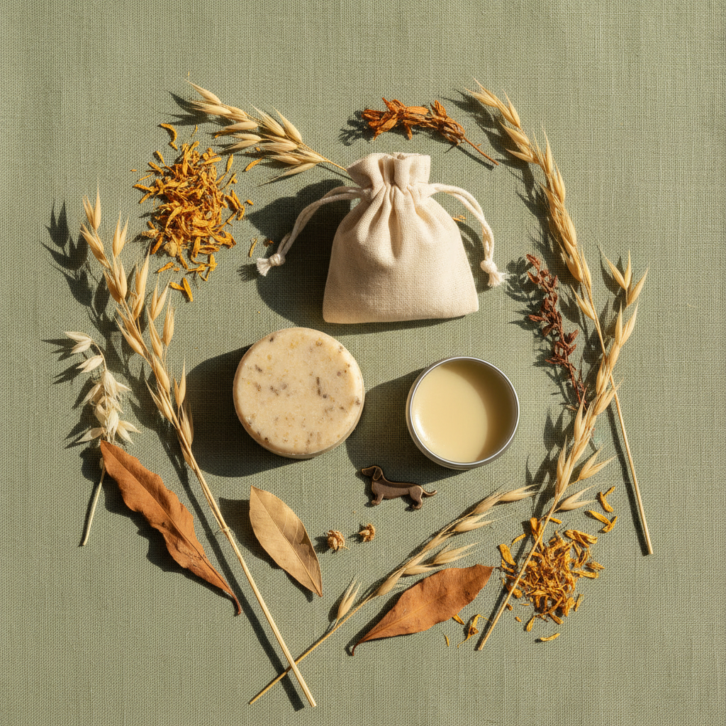 Flat lay of skin soother bundle with shampoo bar, soak pouch and balm tin with calendula petals and botanicals on sage green linen
